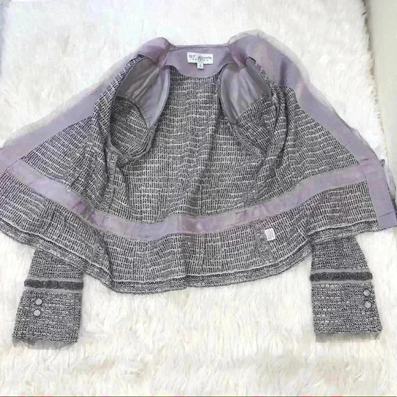 VTG St. John Metallic Tweed Silver Purple Beaded Rhinestone Lace Blazer - Picture 4 of 12